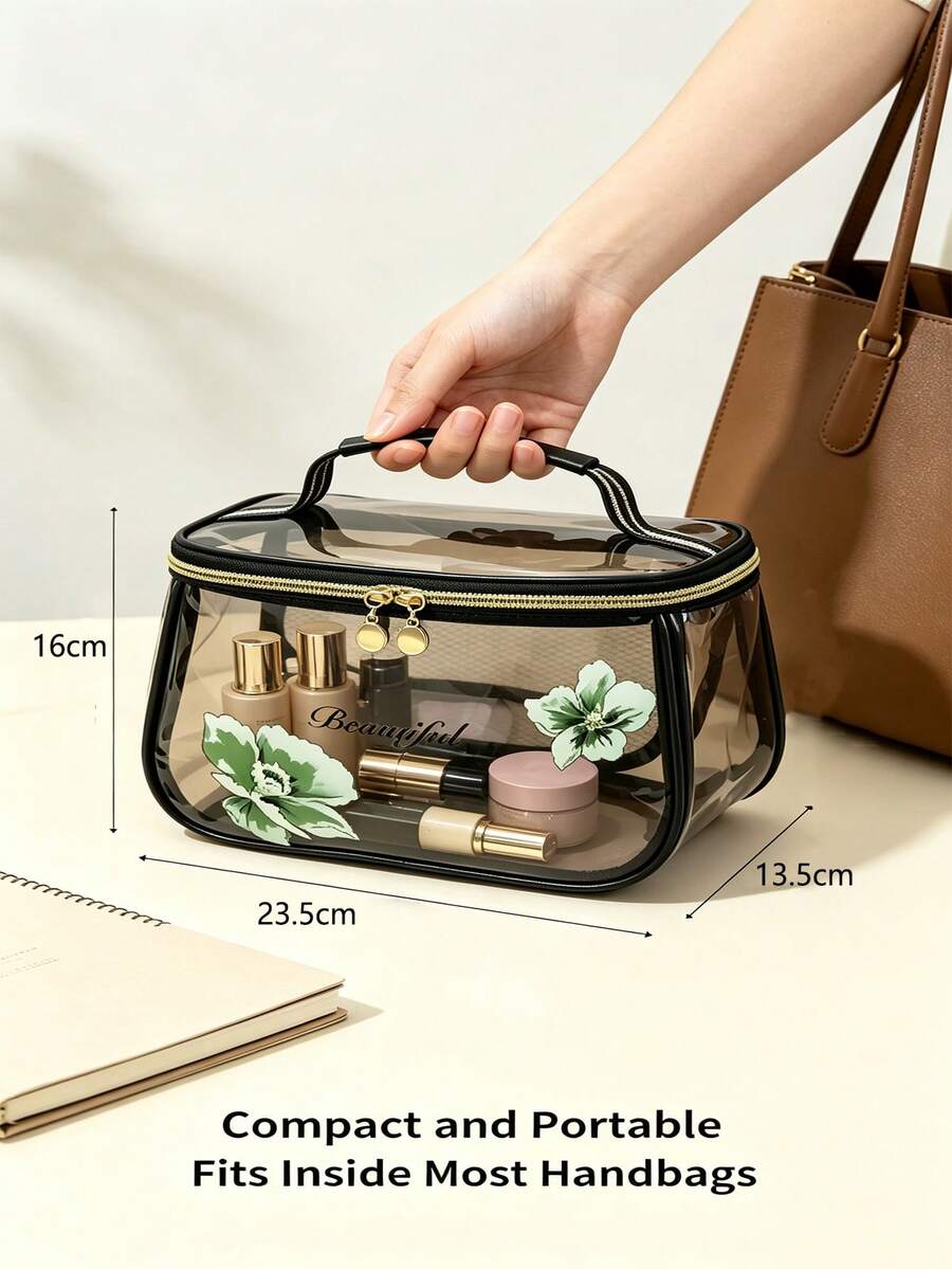 Transparent Floral Print Makeup Bag, Waterproof PVC Travel Storage Pouch, Suitable For Cosmetics And Toiletries, Compact Handheld Storage Box With Secure Zipper - Multicolor - View 1