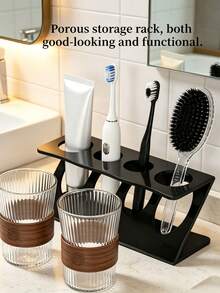 1pc Bathroom Countertop Toothbrush Holder, White And Black Optional, Multi-Functional Home Bathroom Accessory, Travel Toothbrush Holder And Desktop Storage Rack - Multicolor - View 5
