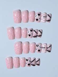 24pcs Short Square Halloween Nails, Pumpkin, Ghost, Spider Web Design, Square Includes: 1pc Double-Sided Tape And 1pc Nail File - Multicolor - View 3