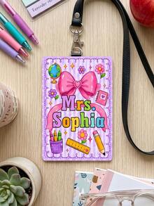 1pc Custom Teacher Name Big Pink Bow Luggage Tag,Striped Badge Holder Lanyard,ID Card Sleeve,Teacher Appreciation Gift,Back To School,First Of School - Multicolor - View 7
