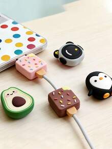 Cartoon Data Cable Protector, Charging Cable Protector, Avocado/Ice Cream/Penguin Charging Head Protector, Multiple Ice Cream, Penguin, Avocado Flavors Available - Multicolor - View 1