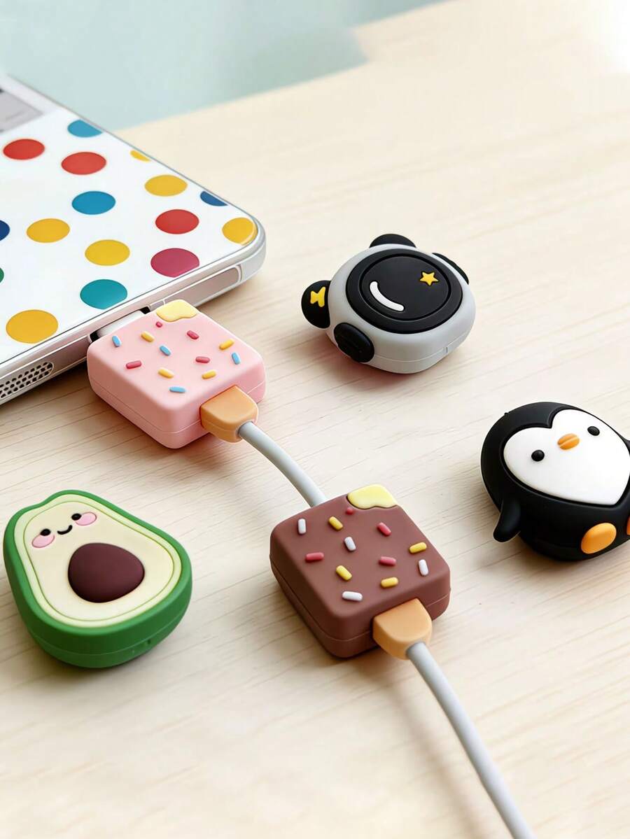 Cartoon Data Cable Protector, Charging Cable Protector, Avocado/Ice Cream/Penguin Charging Head Protector, Multiple Ice Cream, Penguin, Avocado Flavors Available - Multicolor - View 1