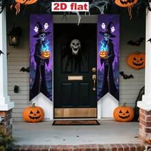 2pcs Halloween Porch Banner, Blood Hand Zombie Skeleton Witch Gothic Hanging Flag, Front Door Decor, Indoor Outdoor Yard Garage Farmhouse Horror Party Decor, Spooky Creepy Scary Gothic Holiday Supplies, Halloween Themed Decorative Hanging Banner - Halloween Couplets - View 5