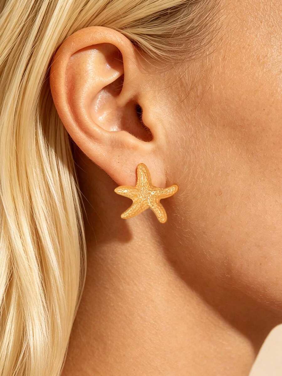 1 Pair European And American Fashion Beach Vacation Style Starfish Earrings, Minimalist Star-Shaped Elegant Design Stud Earrings - Gold - View 1