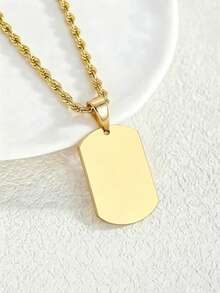Gold Plated Blank Dog Tag Pendant Necklace, Engravable Stainless Steel Plain Rectangular Charm With Twist Rope Chain, Birthday & Daily Wear Gifts - Gold - View 5