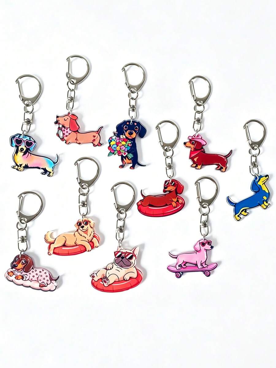 1pc/5/10pcs 2D Cute Cartoon Dachshund Dog Pendant Keychain, Backpack Accessory, Bag Charms, Car Key Chain, For Dog Lovers, Holiday Gifts - Multicolor - View 1