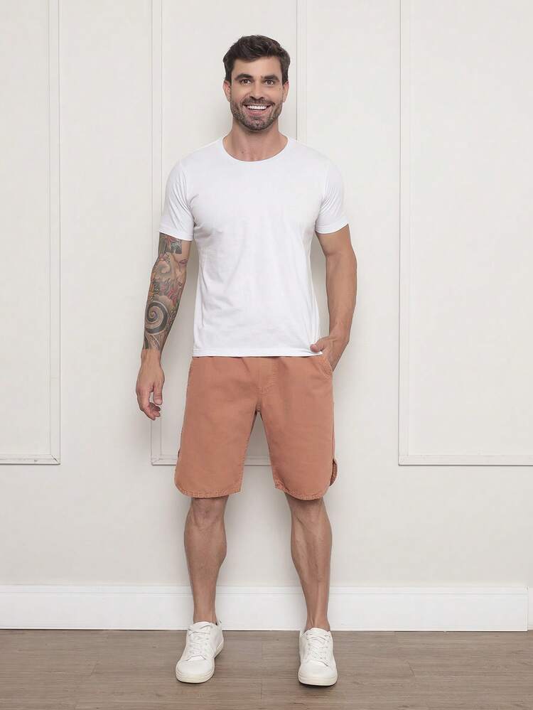 Men's Bermuda Shorts In Twill Fabric With Elastic Waistband - Rust Brown - View 5