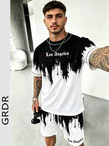 GRDR Set Kaos Lengan Pendek dan Celana Pendek Pria Motif Gradien Tinta Los Angeles, Pakaian Olahraga Kasual Musim Panas 2 Potong, Nyaman dan Bernapas, Bergaya - Hitam dan Putih - View 10