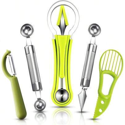 Juego de 5 cucharadas de meln Baller, cortador de semillas de acero inoxidable 4 en 1, cortador de semillas de cuchara de meln de doble cara, cortador de aguacate, cuchillo de talla de sanda para