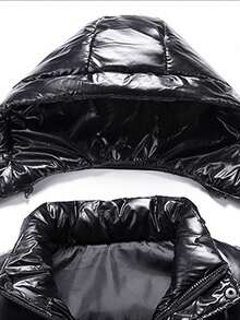 Men's Winter Solid Color Minimalist Detachable Hooded Shiny Leather Mid-Length Padded Coat - Black - View 3