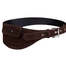 Women's Wide Belt With Decorative Pockets, Vintage Waist Bag Accessory For Jeans, Niche Waist Cinch - Coffee (Suede) - View 4