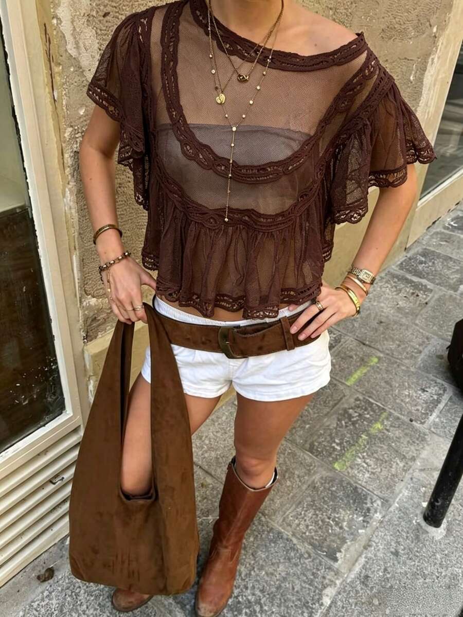Womens Boho Sheer Mesh Lace Blouse Y2K Chiffon Ruffle Sleeve See Through Babydoll Cropped Shirt Top Summer Beach Vacation Cover Up Going Out Tops - 卡其色 - 查看 1