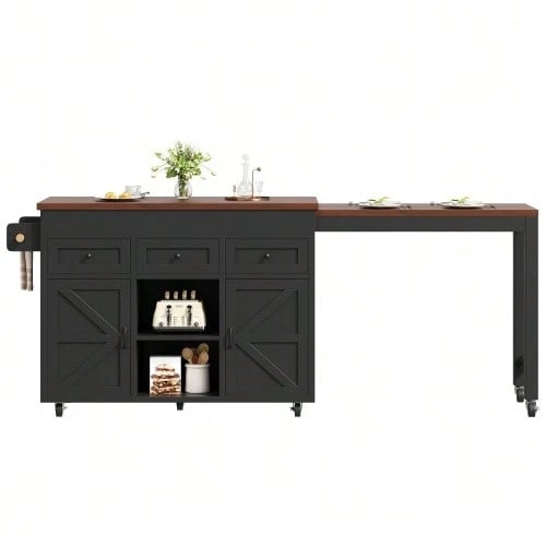 Kitchen Island With Storage, Extendable Dining Table/Bar Table (131.5-210 Cm), 360° Rotatable, With Drawers And Cabinets, Versatile Worktop For Kitchen, Dining Room And Small Spaces, Black - 黑色 - 查看 1