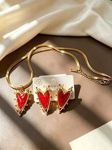 Y2K Sweet & Cool Red Enamel Heart Stainless Steel Jewelry Set, Studded Texture Heart Earrings & Snake Chain Necklace, Valentine's Day Graduation Photo Layering Set, Niche Contrast Gold Ear Studs, Independence Day Evening Candlelight Date Elegant Atmosphere Accessories - Multicolor - View 3