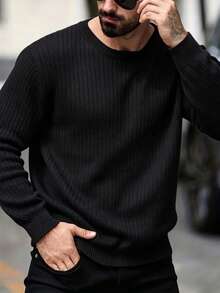 Men's Solid Color Ribbed Crew Neck Knit Sweater, Casual All-Match Versatile Long Sleeve Pullover, Suitable For Daily Commute And Business Wear - Black - View 4
