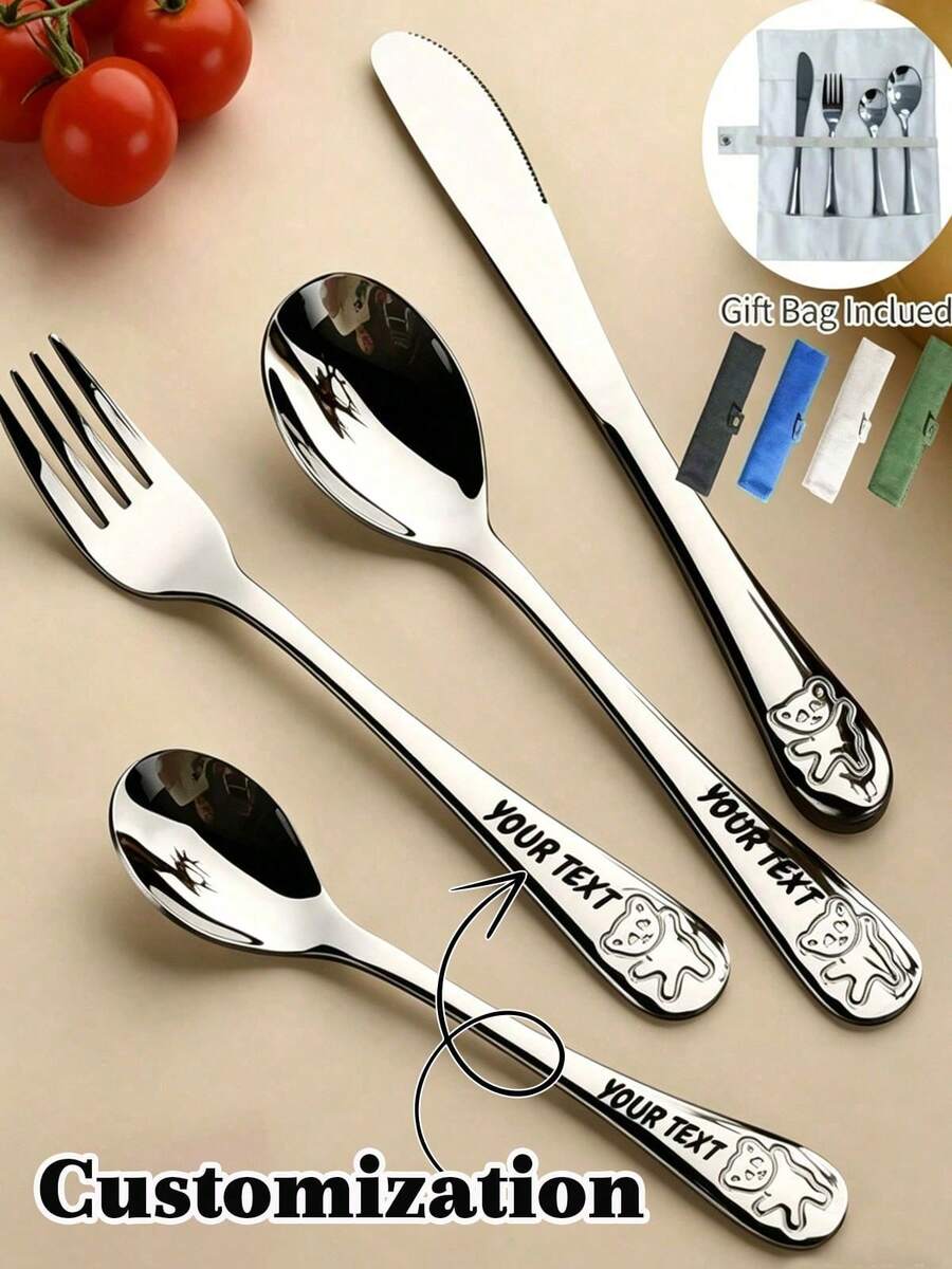 1 Set/4pcs Customizable Stainless Steel Cutlery Set With Bear Pattern, Ideal For Everyday Use And Universal Gifts
