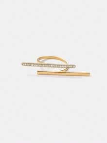 Kryxie 1pc Fashionable Minimalist Elongated Stainless Steel Ring With Rhinestones - Yellow Gold - View 2