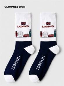Calcetines de media caña de algodón puro para hombre CLIMPRESSION, con estampado de eslogan deportivo, puño a rayas, calcetines deportivos casuales para la temporada de regreso a la escuela - Azul Marino - Ver 7
