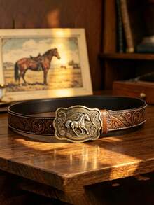 1pc Western Style Vintage Distressed Brown Leather Belt, Floral Embossed PU Leather Belt, Unisex, Suitable For Any Occasion - Multicolor - View 2