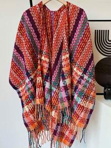 1pc Vintage Plaid Shawl, Thick Warm Tassel Scarf, Cardigan-Style Cape For Autumn/Winter - Red - View 6