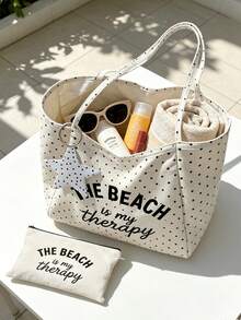「Beach Therapy」圖案白色波點沙灘托特包套組，附星星吊飾，大容量可折疊，可愛多巴胺時尚托特包，適合購物包、旅行包、通勤包，理想用於海灘旅行、泳池派對、購物與日常使用，適合女性、旅行者與海灘愛好者，適合作為返校、度假與送禮之選 - 彩色 - 查看 10