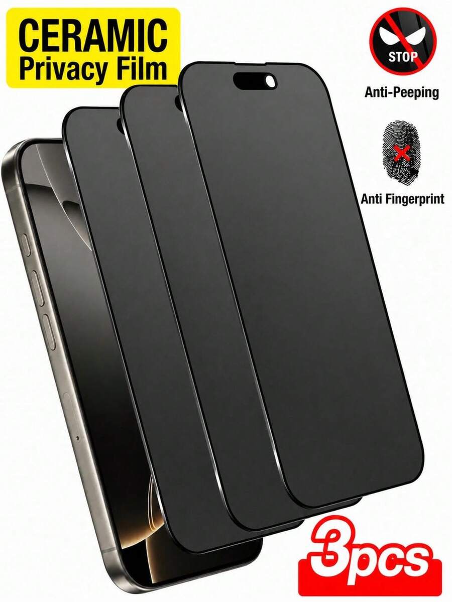 3pcs/Set Matte Anti-Peeping Tempered Glass Screen Protector, Anti-Peeping, Privacy Protection, Full Coverage, Anti-Fingerprint, Anti-Drop, Anti-Scratch, Privacy Protection, Delicate Touch, Suitable For 17 Pro Max/17 Pro/17 Air/17/16 Pro Max/16 Pro/16 Plus/16/15 Pro Max/14 Pro Max/13 Mini/12/11/XS Max/XR/8+/7 Plus Series - 3pcs Matte Privacy - View 1