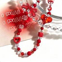 1pc Cute Y2K Red Bow Heart Beaded Phone Wrist Strap Lanyard, Transparent Crystal Bead Phone Charm, Bag & Key Pendant, Gift For Women & Teenage Girls (Hot-Selling, May Use Random Beads Instead) - Red - View 4