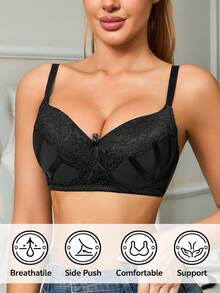 CELILIN 1pc Underwire Push-Up Lace Half Cup Bra With Black Satin Ribbon Decoration - Black - View 4