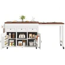 Kitchen Island With Storage, Extendable Dining Table/Bar Table (131.5-210 Cm), 360° Rotatable, With Drawers And Cabinets, Versatile Worktop For Kitchen, Dining Room And Small Spaces, Black - White - View 6