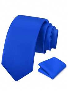 1 Set de corbata para hombre, conjunto de corbata formal clásica de unicolor y pañuelo de bolsillo - azul real - Ver 2