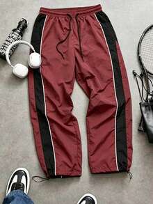 Men's Loose Fit Adjustable Hem Nylon Quick-Dry Contrast Patchwork Drawstring Waist Windbreaker Jogger Pants For Fitness And Streetwear Sports - Burgundy - View 6