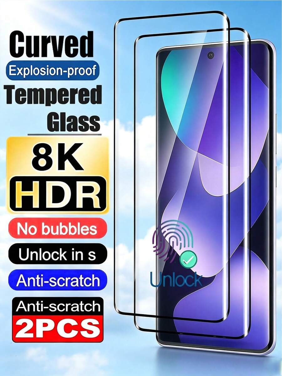 2Pcs HD Curved Screen Protector Tempered Glass Compatible With Samsung Galaxy S23 Ultra/Compatible With Xiaomi 13 14 Lite/ Note 14 15 Pro+/Compatible With Honor Magic 5/6/7/8/ Reno/ / High Definition Glossy Surface, Explosion-Proof, Automatic Adsorption High Hardness Round Edge Dustproof Design