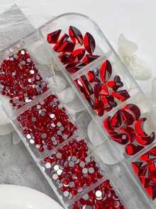 2 Boxes/Set 24 Compartments Christmas Luxury Green/Red Nail Art Rhinestones SS4-SS6 Mixed Green & Red Nail Charms Multiple Shapes + Round Nail Jewelry - Baby Pink - View 6