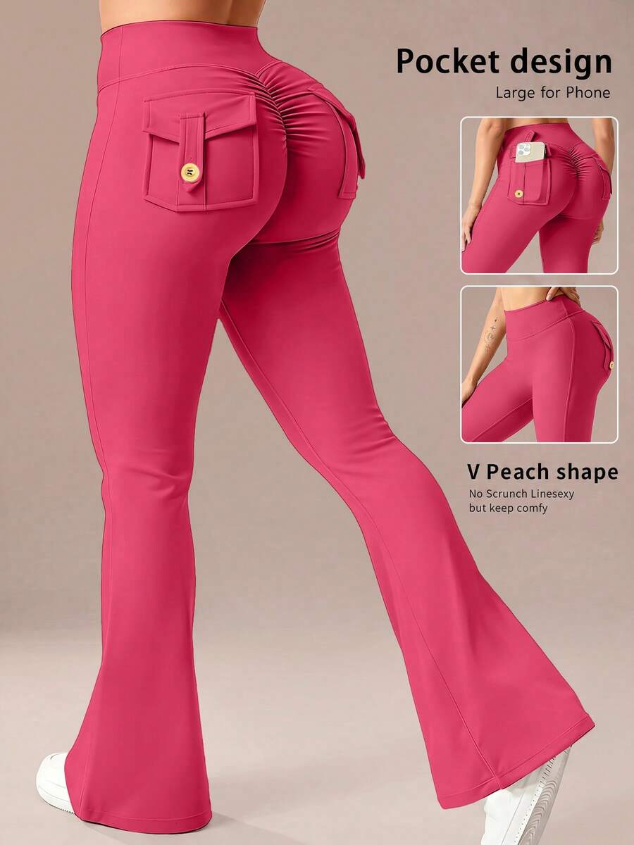 6pecil Rosarote Yoga-Hose mit hoher Taille und ausgestelltem Bein, mit Taschen, gerafftem Po-Lift-Effekt, Peach-Butt-Flare, V-förmiger Bauchkontrolle, Hot Pink Bootcut Leggings für Sport