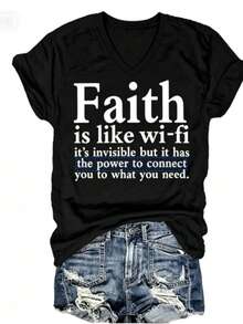 Women Christian Faith Letter Print T-Shirt, Faith Is Like Wi-Fi Graphic Round Neck Short Sleeve 100% Cotton Summer Top, Plus Size All Season - 黑色2 - 查看 1