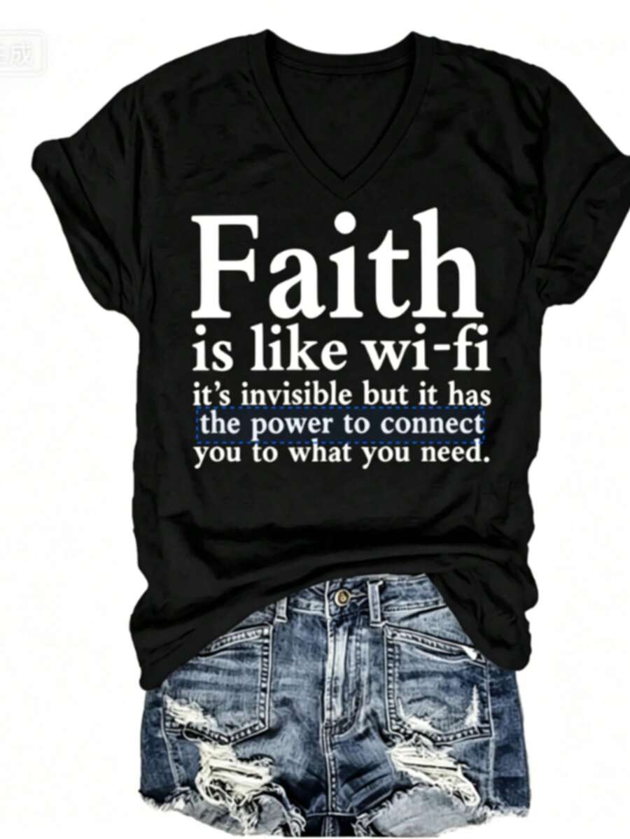 Women Christian Faith Letter Print T-Shirt, Faith Is Like Wi-Fi Graphic Round Neck Short Sleeve 100% Cotton Summer Top, Plus Size All Season - 黑色2 - 查看 1