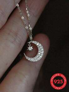 1pc S925 Sterling Silver Exquisite Elegant Shiny Star & Moon Pendant Necklace, Women's Light Luxury Fashion Versatile Personalized Neck Accessory, Niche Cool Girl Style Star Crescent Moon Collarbone Chain, Birthday Gift For Best Friend - Stars and Moon - View 3
