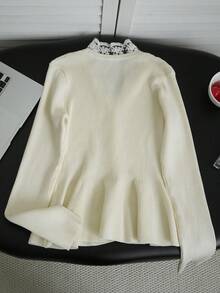 2026 Autumn/Winter New Minimalist Sexy Style Lace Patchwork Ribbed Knit Cardigan, Rich Girl Style Waist-Defining Ruffle Hem Slimming Long Sleeve Fall - Apricot - View 8