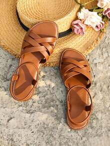 Women's Summer Woven Leather Lace-Up Flat Sandals, Ankle Strap Open Toe Slides - Brown - View 4