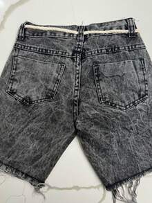 Shorts Bermuda Jeans Infantil Juvenil Rasgado com cordão Grafite Marmorizada Premium - Lavagem escura - Visão 4