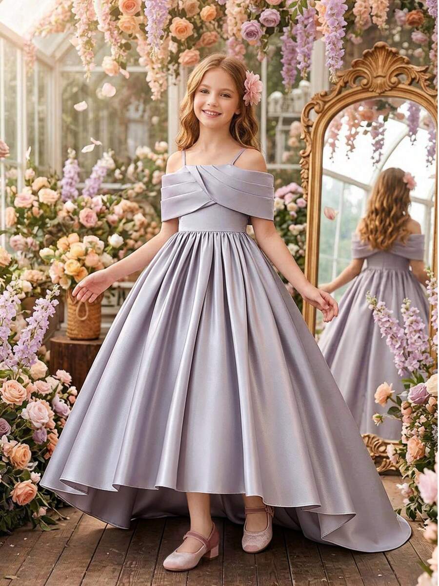 Tween Girls Spaghetti Strap Back Tie Satin Elegant Front Short Back Long Train Stage Dress Suitable For Party, Headband Not Included - Dusty Purple - View 1