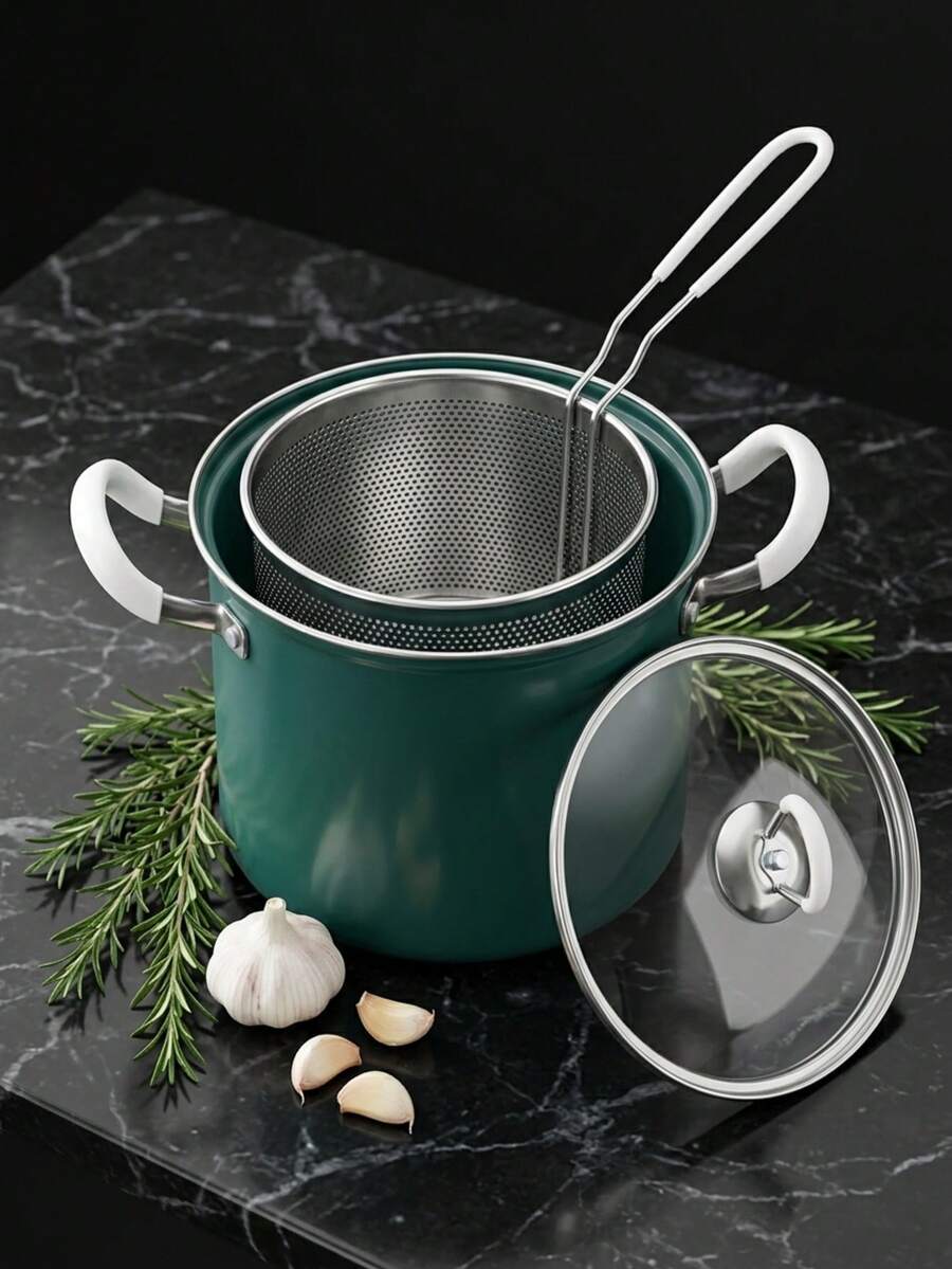 MiLaiWP Stainless Steel Pasta Pot, Fryer, Cooking Pot Set With Glass Lid And Strainer Rack, Japanese Tempura Frying Pan, Perfect For Cooking Delicious Dishes, Ideal For Frying French Fries, Fried Chicken And More, Suitable For All Types Of Cooktops - View 1