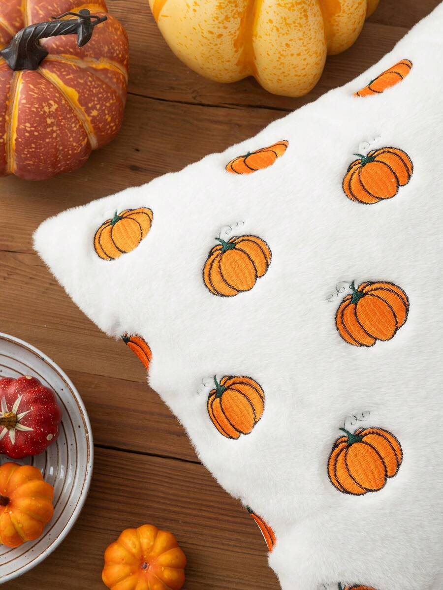 Homemorelove 1/2pcs PV Velvet Small Pumpkin Embroidered Pillow Case, Autumn Decor, Thanksgiving, Halloween Atmosphere Home Decoration Throw Pillow, Suitable For Living Room, Bedroom, Sofa, Pillow Insert Not Included - Bleached Rabbit Fur Bright Orange - View 1
