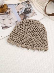 1pc New Bohemian Style Pearl Sequin Crochet Hollow Bead Beanie Hat, High-End Knitted Headwear - Multicolor - View 9