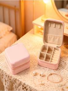 1pc Pink Minimalist PU Leather Portable Jewelry Box For Women, Suitable For Rings And Necklaces - S - View 3