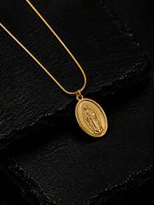 1pc Minimalist Personalized Stainless Steel 18K Gold Plated Oval Portrait Virgin Mary & Jesus Pendant - Yellow Gold - View 8