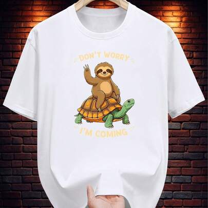 Men's 200gsm Heavyweight 100% Cotton T-Shirt With Funny Sloth & Turtle Print "Don't Worry I'm Coming" - Casual Round Neck Short Sleeve Summer Tee For