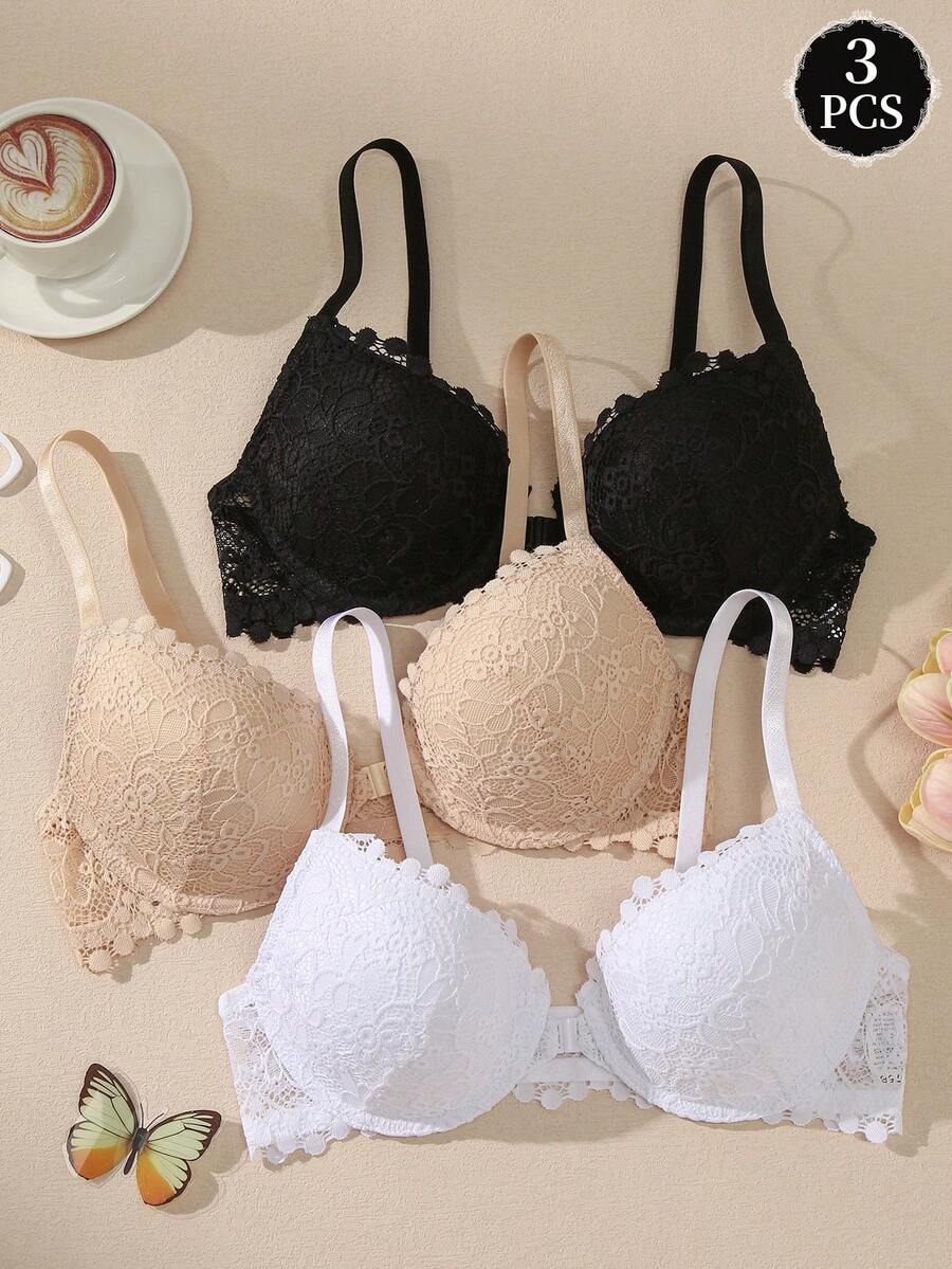 3pcs/Set Lingerie Wanita Renda Penutup Depan Push-Up Bra Renda Seksi Sejuk Musim Panas