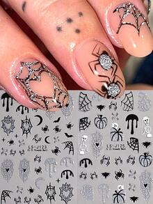 2pcs Halloween Nail Art Stickers: Self-Adhesive Decals Featuring Glittery Spiderwebs, Spiders, Ghosts, Skulls, And Pumpkins – Cute, Charming Nail Decorations And Salon Accessories - Multicolor - View 1