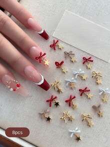 4/8pcs Christmas New Red Bow Pendant Alloy Nail Art Charms, Spring/Summer 3D Five-Pointed Star Nail Accessories, Wearable Nail Art Supplies, Nail Salon Style - Multicolor - View 5